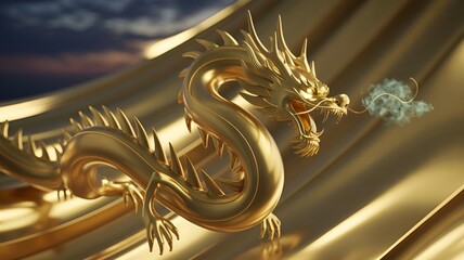 Golden dragon sculpture with an artistic appearance, releasing clouds.
