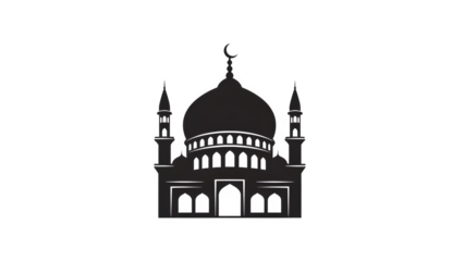 Silhouette of a mosque with a dome and minarets, islamic architecture symbol isolated on transparent background