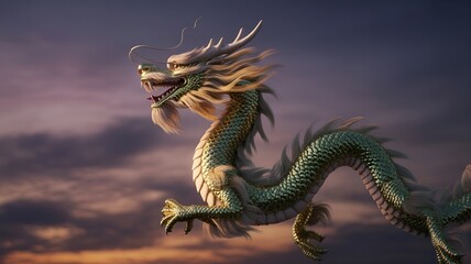 A majestic dragon soaring through a dramatic sky.