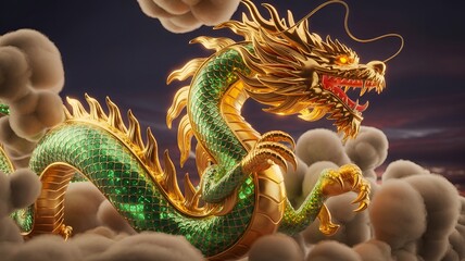 A majestic dragon with intricate details and a vibrant golden hue against a mystical cloudy sky.