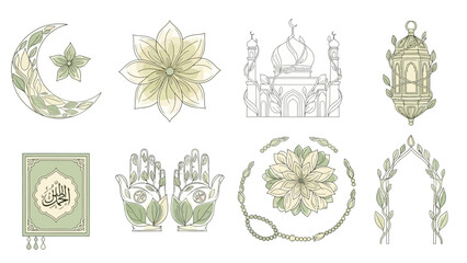 Naklejka premium Islamic decorative elements collection featuring crescent mosque ornaments and spiritual cultural symbols.