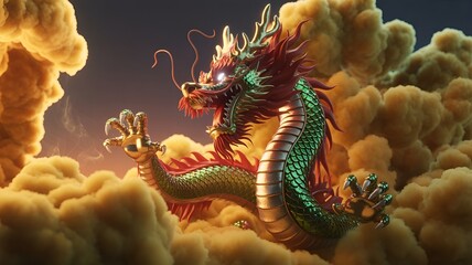 Majestic dragon soaring through the golden clouds.