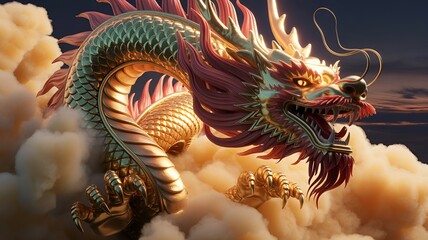 An awe-inspiring golden dragon gracefully soaring amidst fluffy clouds.