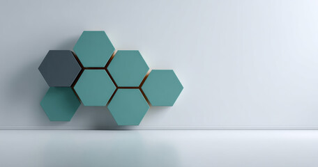 Modern interior wall with geometric hexagonal shelves in teal and gray tones arranged asymmetrically on a clean white background