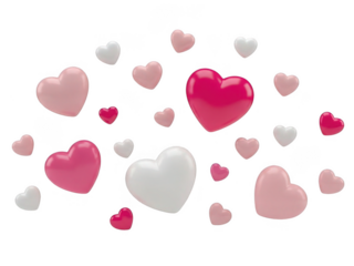 Floating hearts in various colors isolated on transparent background