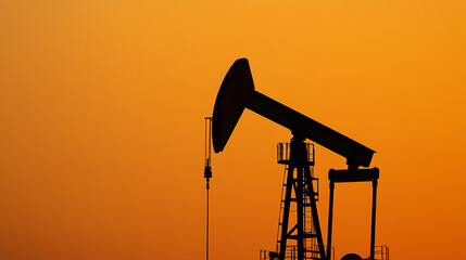 Silhouette of an oil pump jack against an orange sunset sky. The stark contrast emphasizes the machinery and the vast, colorful sky backdrop, creating a powerful image.