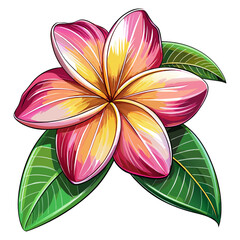 Pink Yellow Plumeria Frangipani Flower with Green Leaves Tropical Illustration