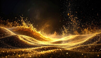 Golden Glittering Particles Flowing Like Waves in Dramatic Lighting with Dark Background
