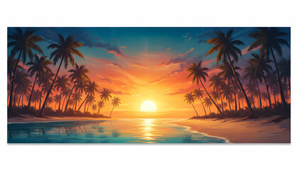 Tropical beach sunset with palm trees silhouettes reflecting in calm ocean water during colorful orange blue sky evening at paradise island resort destination vacation travel background illustration