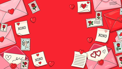 Valentine's Day love letters and postage stamps, a romantic illustration on a red background