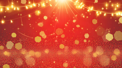 Red background with string lights and glittering gold hexagons creates festive and celebratory atmosphere, perfect for christmas, new year, and holiday season designs