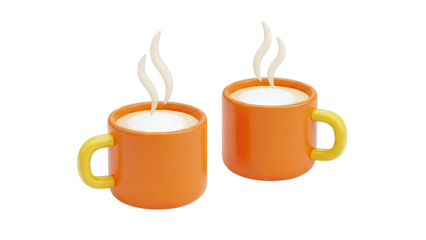 Two Orange Coffee Mugs with Steam on White