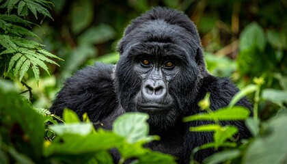 Obraz premium Gorilla close-up in tropical forest showcasing expressive gaze and rich habitat detail for wildlife conservation themes