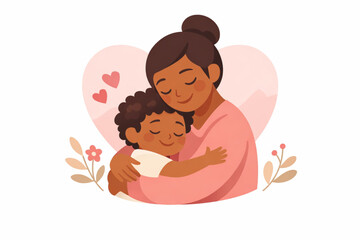Flat design illustration of parent and child hugging for Valentine&rsquo;s Day, family love concept, soft elegant tones, white background