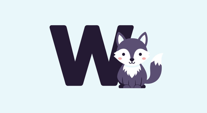 Educational alphabet card featuring the capital letter W and a cute gray wolf cub on a simple light blue background.