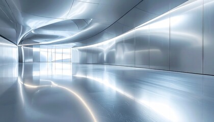 Futuristic Metallic Corridor with Bright Lights and Reflections Showing Abstract Architectural Design