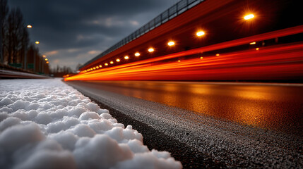 Snowy highway exit ramp at blue hour with light trails and slow-moving traffic under streetlights