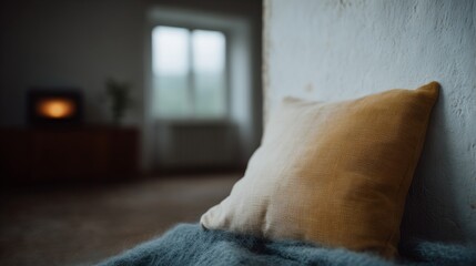 Pillow with a yellow and brown pattern is laying on a blue blanket