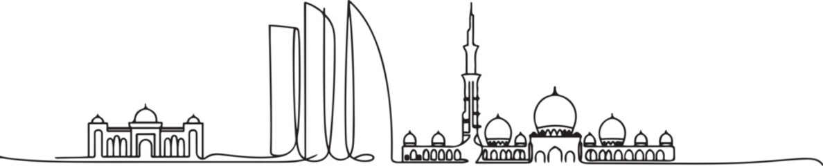 One single line drawing Abu Dhabi city skyline, United Arab Emirates. Historical landscape home decor wall art poster print. Best holiday destination. one line Icon drawing