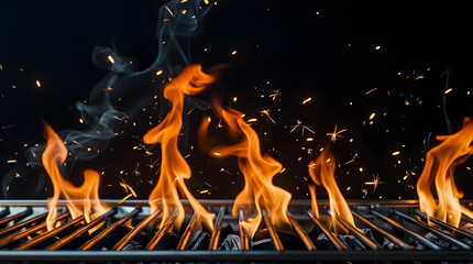 Dramatic orange fire flames rising from barbecue grill with sparks and smoke over black background ideal for culinary advertisements and outdoor cooking themes illustrating heat and energy motion