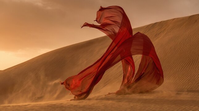 Large Vibrant Red Silk Fabric Flying and Dancing in the Wind over Sand Dunes in a Desert Landscape
