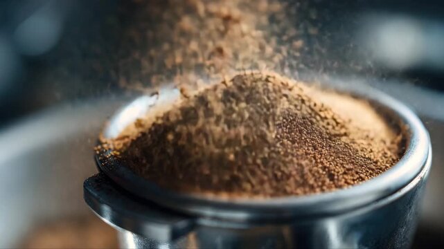 Close-up of finely ground coffee being poured into a portafilter, showcasing the rich texture and aroma, with a smooth camera zoom enhancing the scene's depth and detail