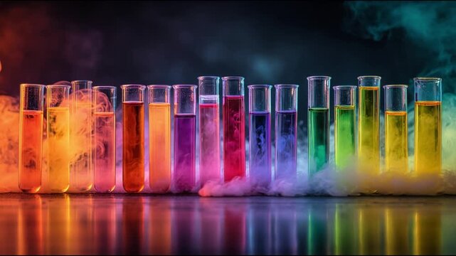 Dynamic Chemical Reactions in Laboratory Test Tubes with Colorful Liquids and Vibrant Smoke