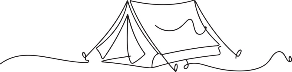 Single continuous line drawing tent camping in outdoor travel. Nature tourism, journey, adventure. Tent element concept. one line Icon drawing