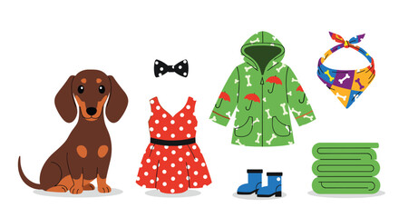 Colorful wardrobe set for a playful pet and a child featuring a dachshund red polka dot dress a black bow tie a green rain jacket a head scarf boots and towels.
