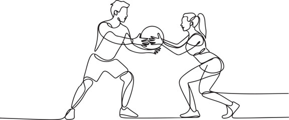 Fototapeta premium One continuous line drawing of young sporty man and woman working out with weight ball in fitness gym club center. Healthy fitness sport concept. one line Icon drawing