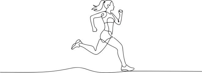 One continuous line drawing young sporty woman runner crosses finish line. Health activity sport concept. Dynamic single line draw design. one line Icon drawing