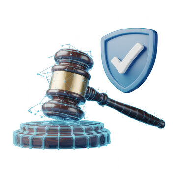 Digital law concept featuring a wooden gavel with a protective shield and checkmark on transparent background