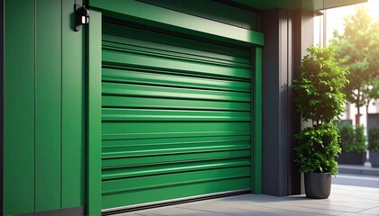 Green metal roller shutter with horizontal slats evokes industrial utility, storefront security, and bold visual branding