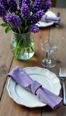 Weathered wood tabletop, lavender bouquet centerpiece, gleaming silverware, simple place setting , place setting, summer