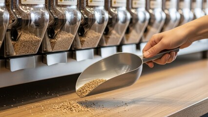Customer Scooping Grains from Bulk Dispenser in Zero Waste Store
