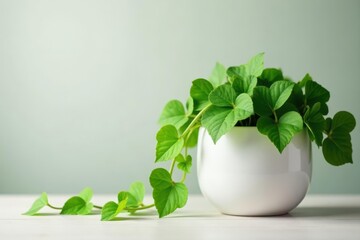 White ceramic pot, trailing ivy plant cascading down , design, white