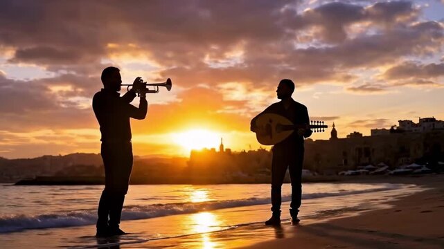 Silhouetted musicians playing trumpet and oud on a serene beach at sunset representing a world music concert concept and cultural fusion