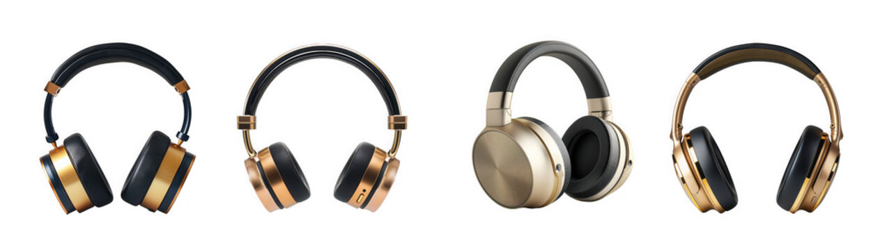 Four stylish headphones in varying gold and black designs are presented side by side on transparent background