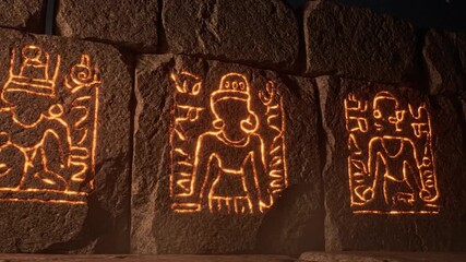Ancient  carved into a stone wall in a dimly lit video