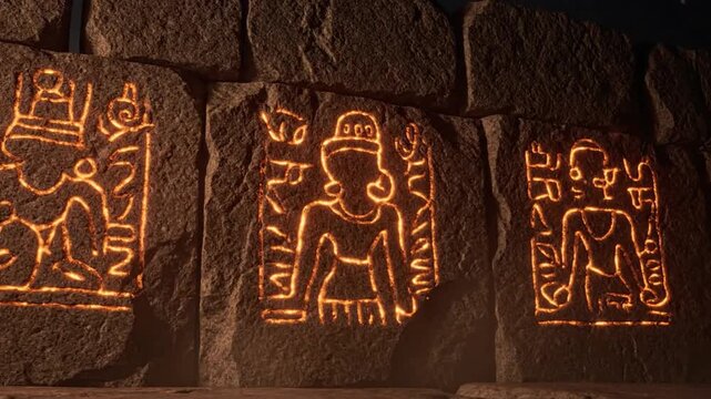 Ancient  carved into a stone wall in a dimly lit video
