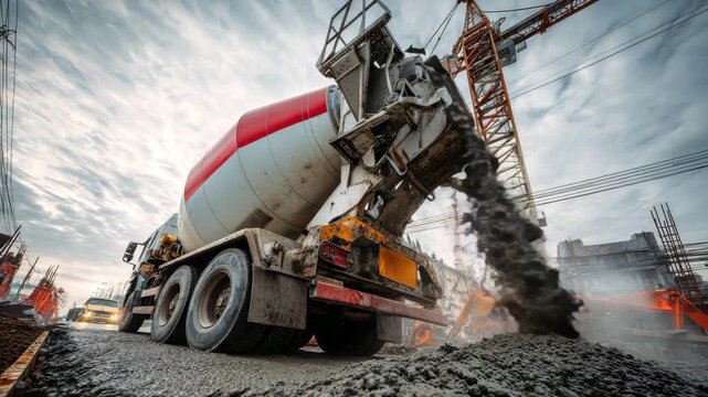 Construction scene featuring a concrete mixer truck pouring fresh concrete onto a building site, showcasing dynamic action with a gradual zoom in on the pouring process