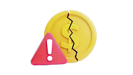 Broken Dollar Coin with Warning Sign - Financial Crisis