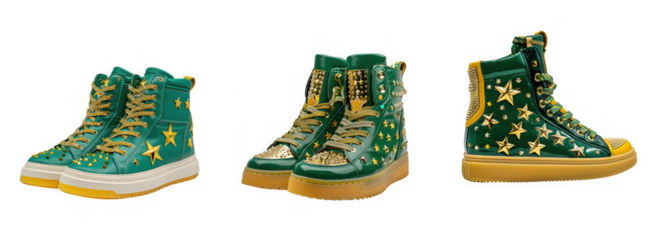 Detailed view of three green and gold high top sneakers with star patterns on transparent background