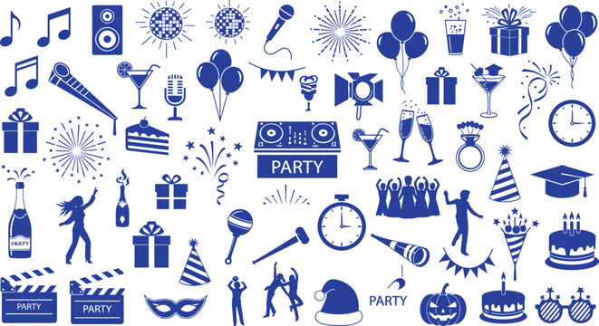 Party icons and symbols in blue on white background for celebrations and events