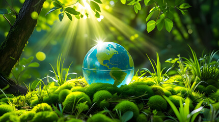 small earth globe nestled on thick mossy bed within verdant forest, illuminated by bright sunbeams filtering through leaves, conveying ecological awareness and importance of preserving our planet