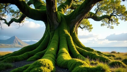 Ancient moss-draped Icelandic tree, low angle, ecology, photography