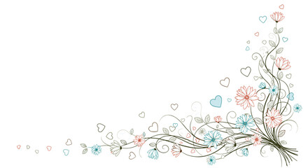 Obraz premium Delicate floral vine corner design with curling stems colorful hearts and blossoms arranged along the lower right edge on a white background for decorative use.
