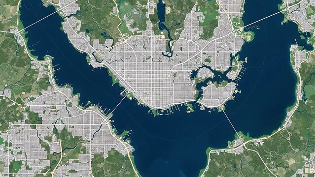 Aerial view of a cityscape with a large body of water surrounded by green areas and roads on a map