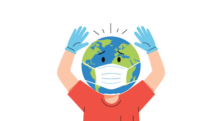 Earth wearing a medical mask and blue gloves raises its arms in a protective gesture encouraging safe hygiene and health awareness for everyone.
