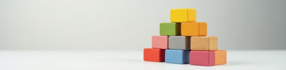 Bright wooden blocks form a wobbly pyramid on a white table , simple, early childhood, joy